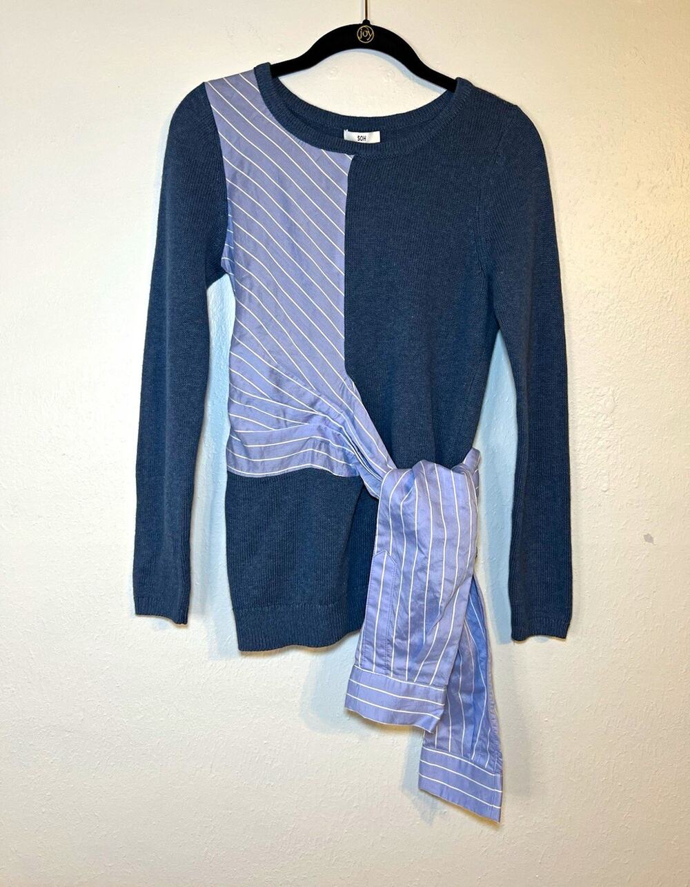 SOH Blue White Striped Knit Crewneck Pullover Sweater Tie Accent Size P